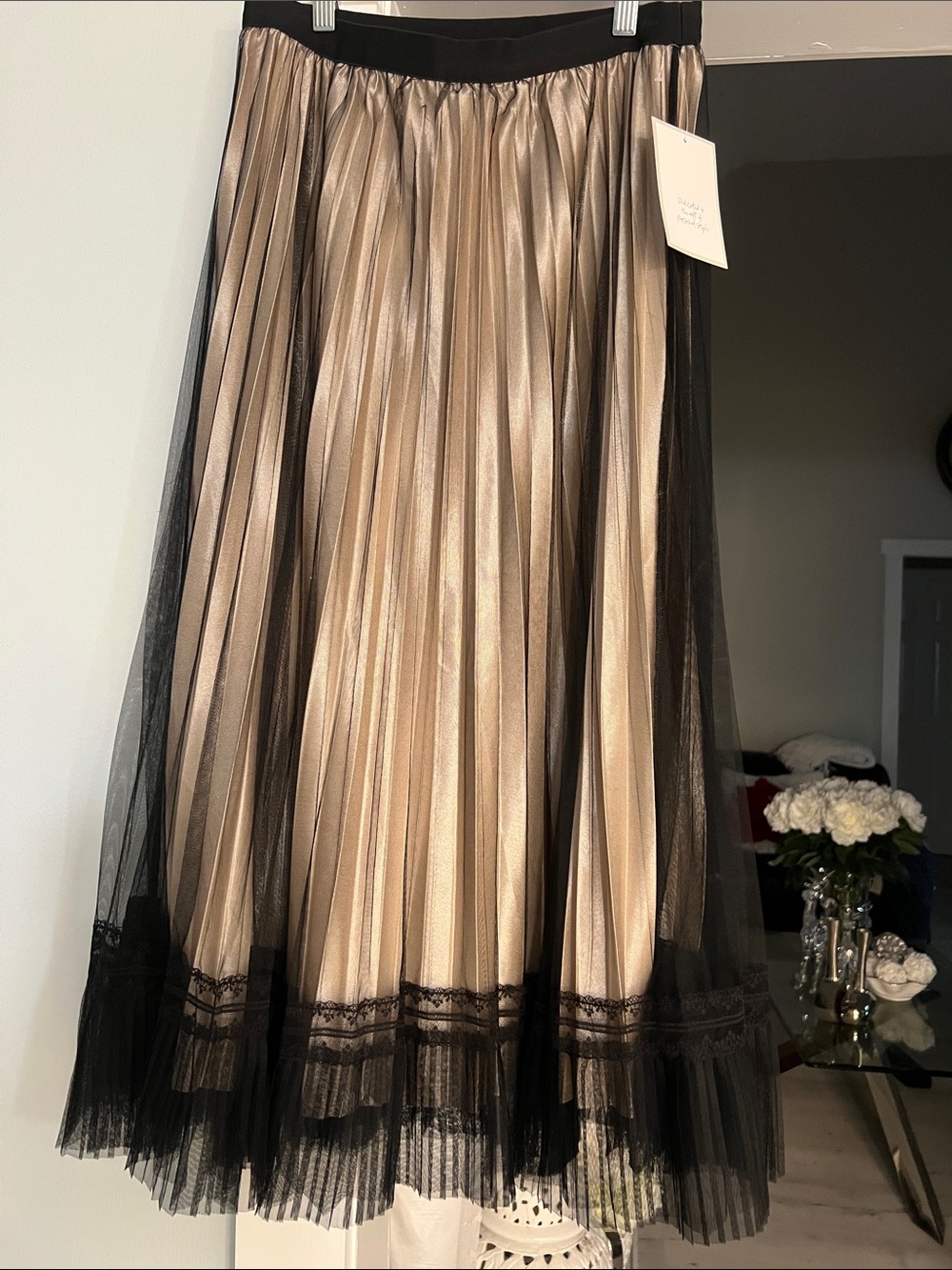 Metallic Gold Pleated Midi Skirt with Black Tulle Overlay